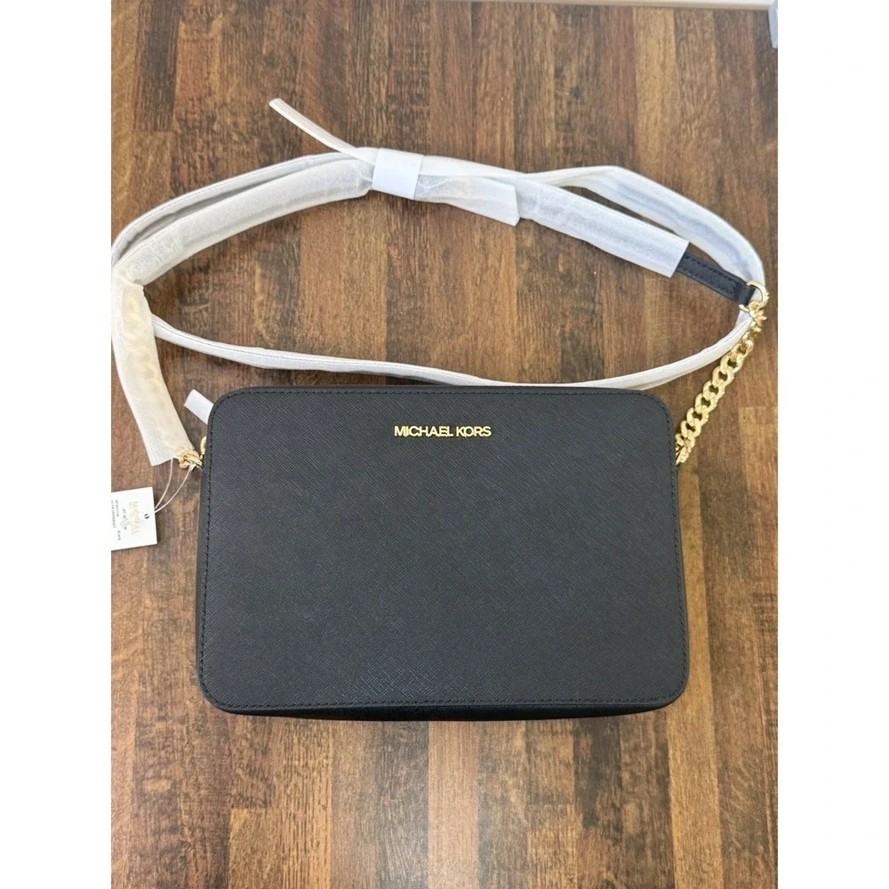 Michael Kors Jet Set Item Large East West Black Gold Crossbody Bag $378